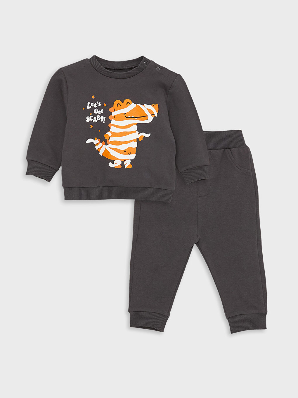 LCW baby Gri Bisiklet Yaka Uzun Kollu Baskılı Erkek Bebek Sweatshirt ve Pantolon 2'li Takım