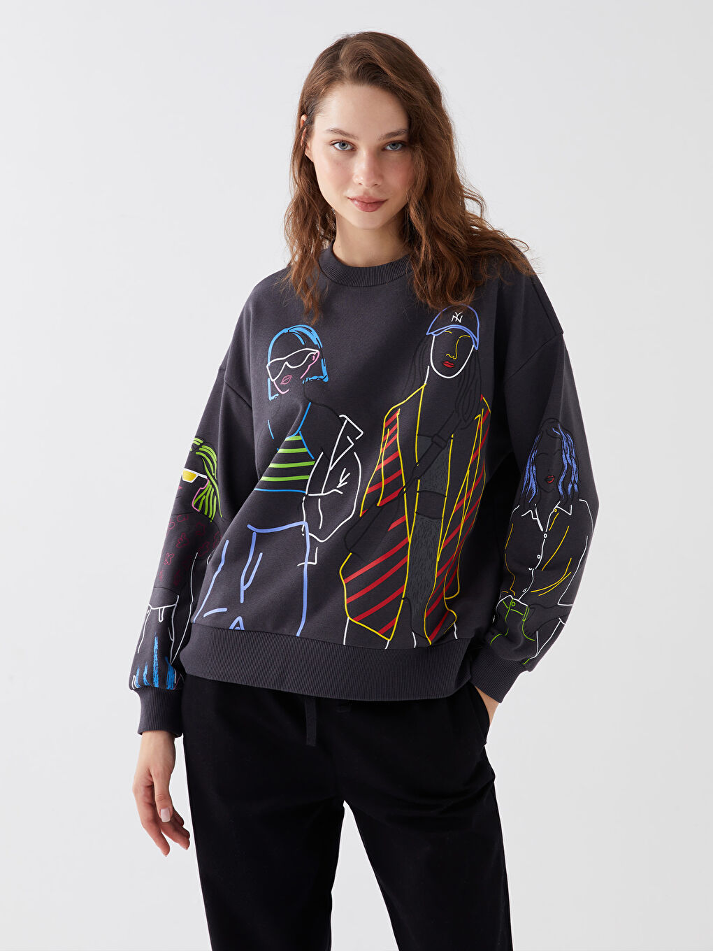 Antrasit Bisiklet Yaka Baskılı Uzun Kollu Oversize Kadın Sweatshirt