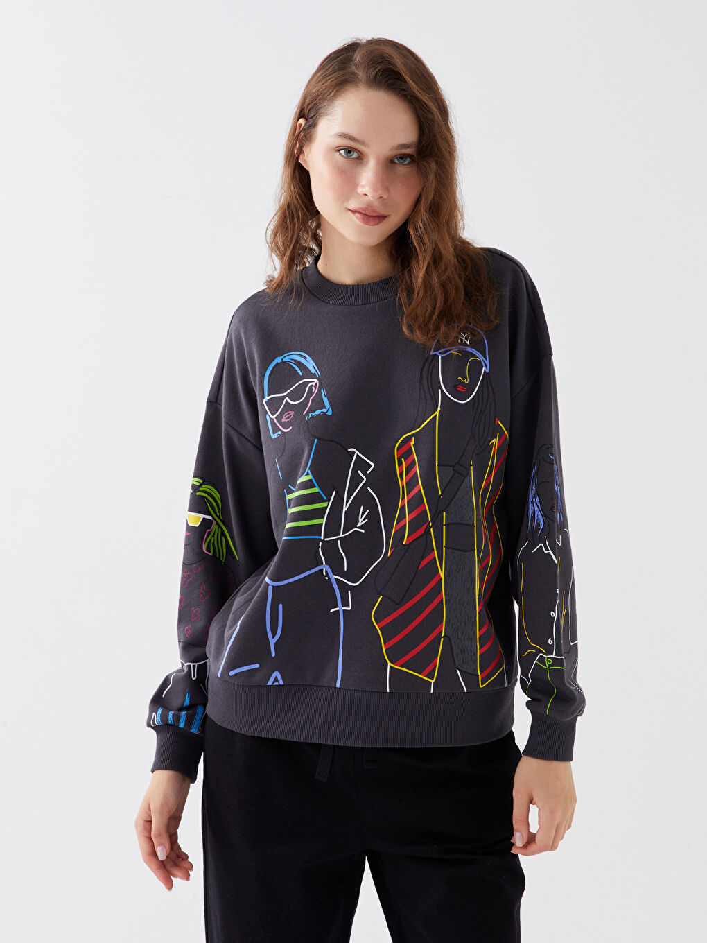 Antrasit Bisiklet Yaka Baskılı Uzun Kollu Oversize Kadın Sweatshirt-1