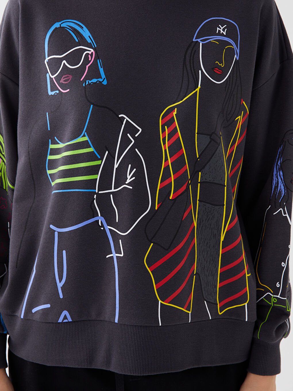 Antrasit Bisiklet Yaka Baskılı Uzun Kollu Oversize Kadın Sweatshirt-3