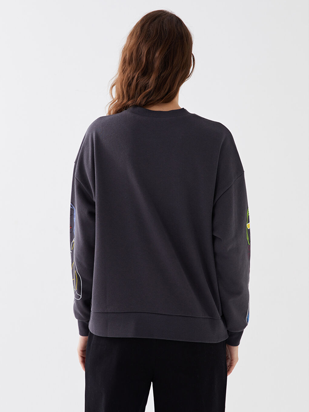 Antrasit Bisiklet Yaka Baskılı Uzun Kollu Oversize Kadın Sweatshirt-4