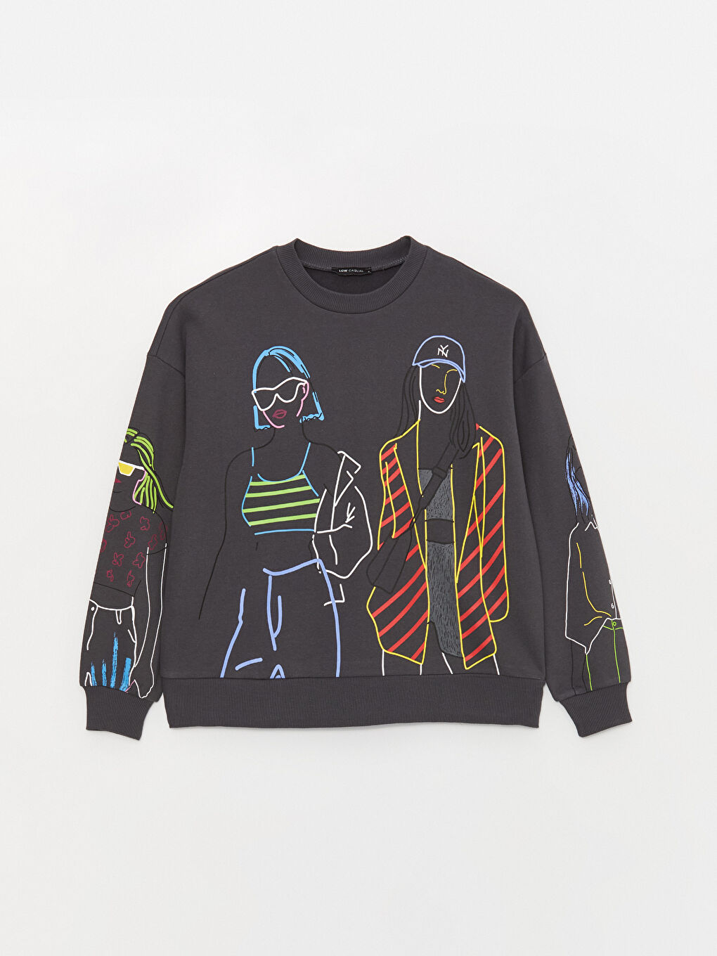 Antrasit Bisiklet Yaka Baskılı Uzun Kollu Oversize Kadın Sweatshirt-5