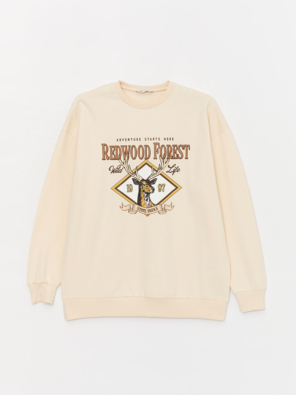 Bej Bisiklet Yaka Baskılı Uzun Kollu Oversize Kadın Sweatshirt-5