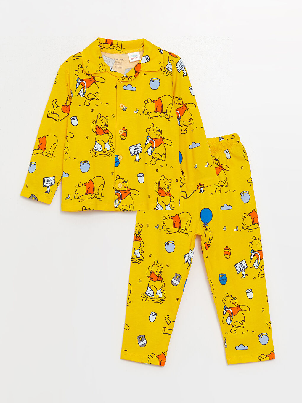 LCW baby Sarı Baskılı Polo Yaka Uzun Kollu Winnie the Pooh Baskılı Erkek Bebek Pijama Takımı