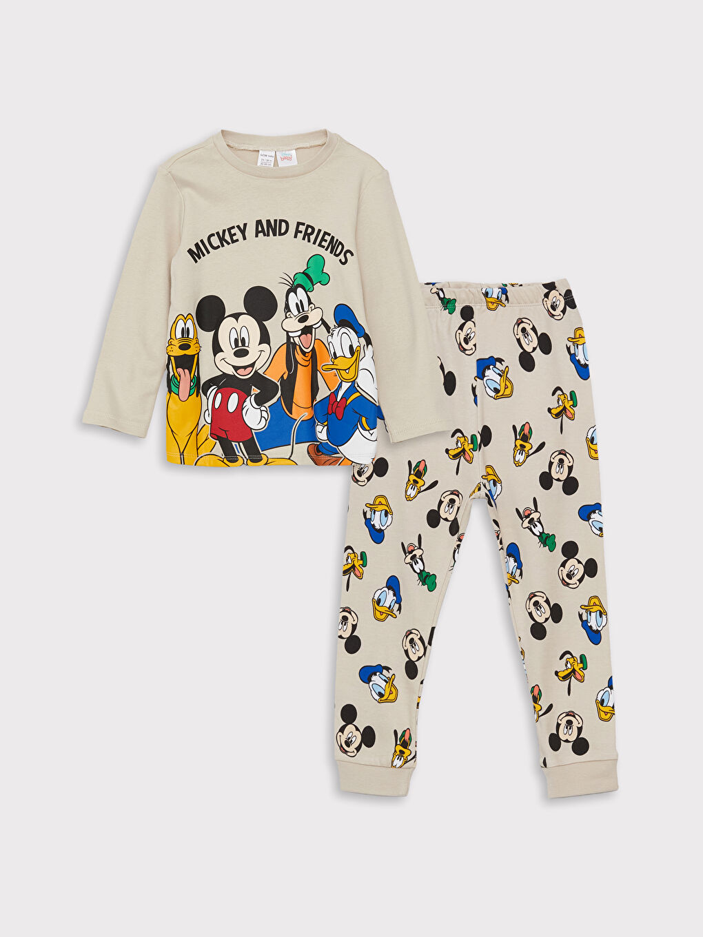 LCW baby Bej Bisiklet Yaka Mickey Mouse Baskılı Erkek Bebek Pijama Takımı