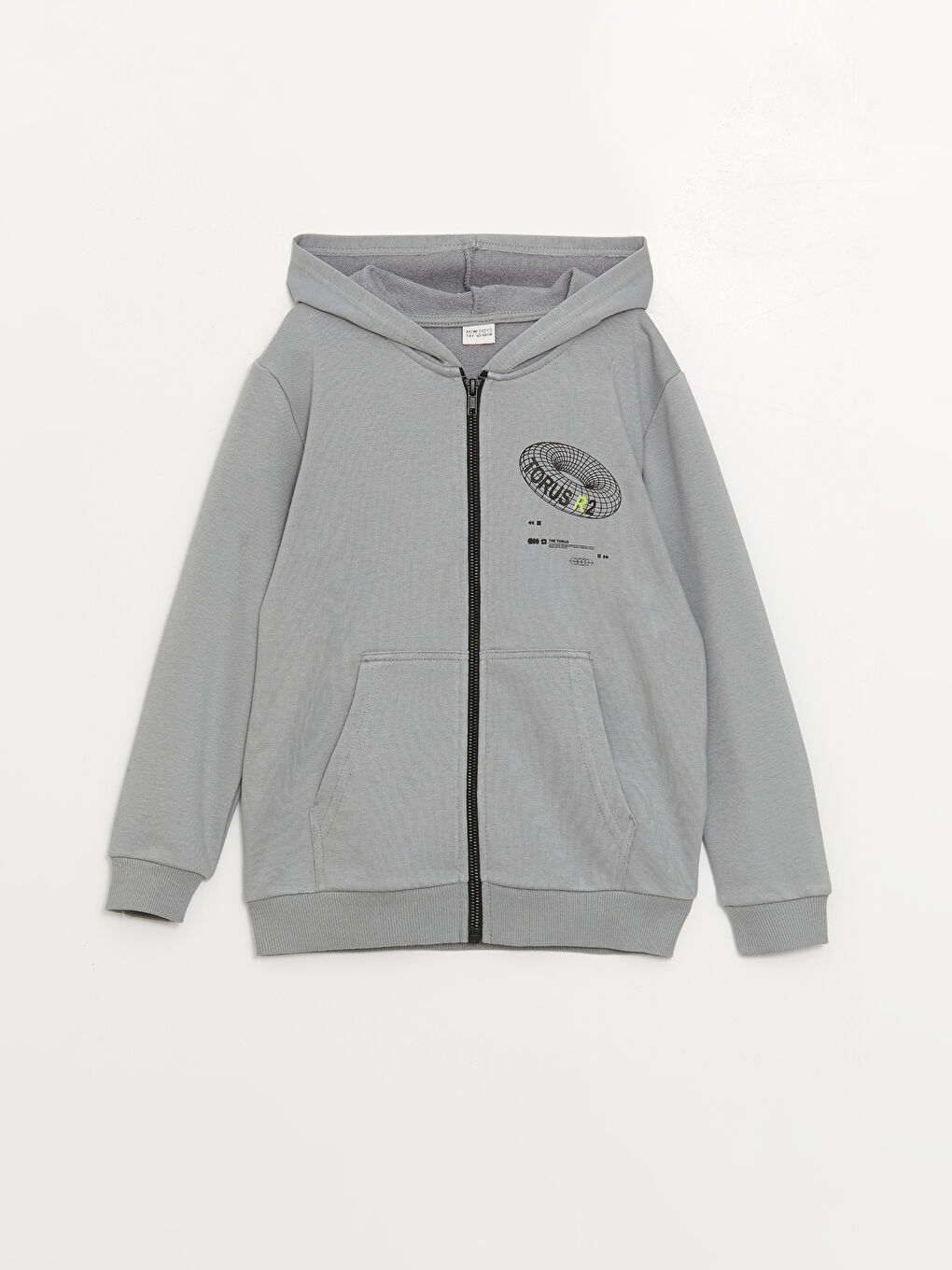 LCW Kids Gri Kapüşonlu Baskılı Uzun Kollu Erkek Çocuk Fermuarlı Sweatshirt