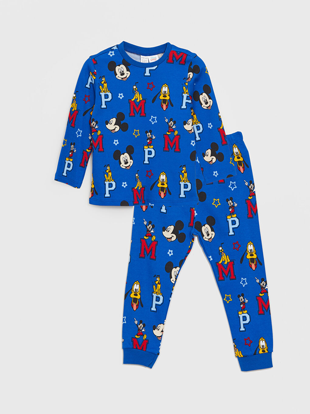 LCW baby Koyu Mavi Baskılı Bisiklet Yaka Uzun Kollu Mickey Mouse Baskılı Erkek Bebek Pijama Takım