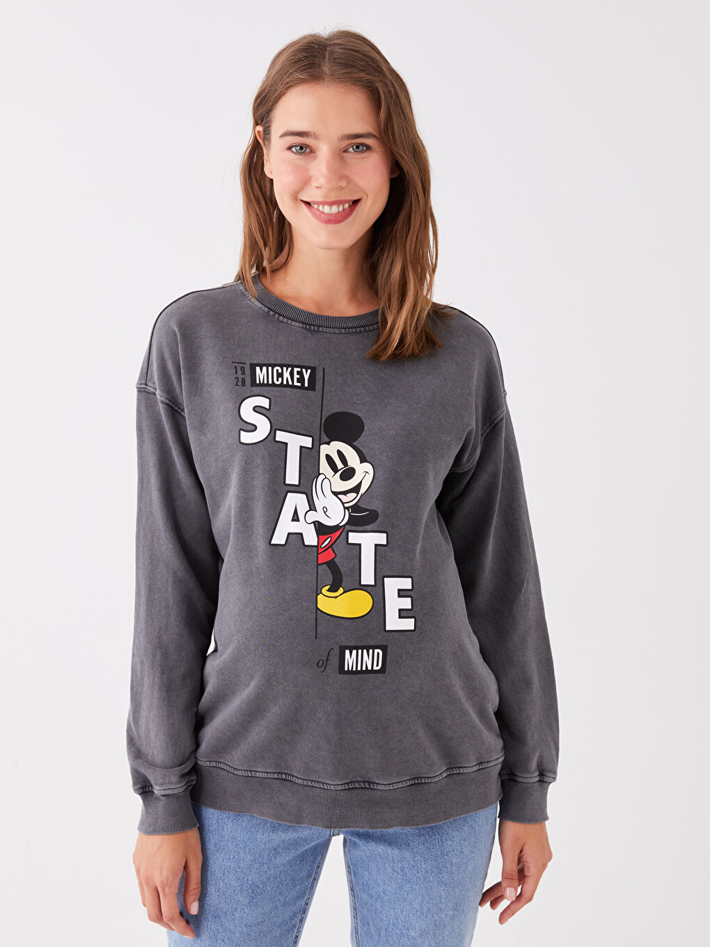 LCWAIKIKI Maternity Antrasit Bisiklet Yaka Mickey Mouse Baskılı Uzun Kollu Hamile Sweatshirt