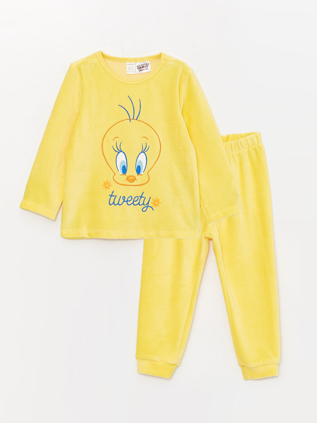 LCW baby Sarı Tweety Baskılı Kadife Kız Bebek Pijama Takımı