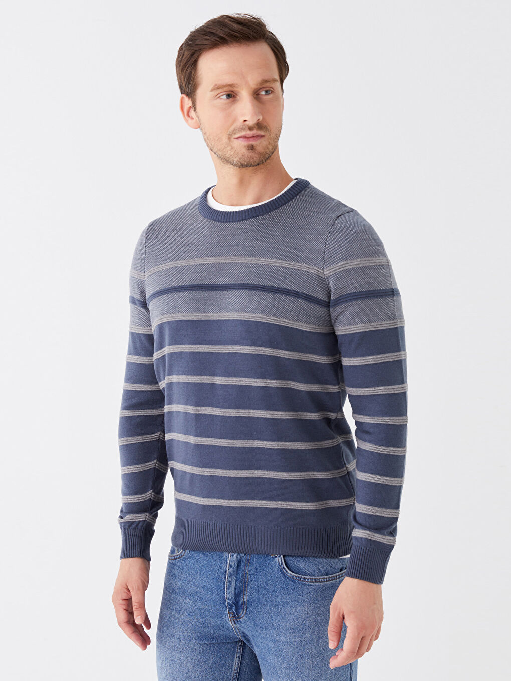 Crew Neck Long Sleeve Striped Men's Knitwear Sweater -W36955Z8-H6Q