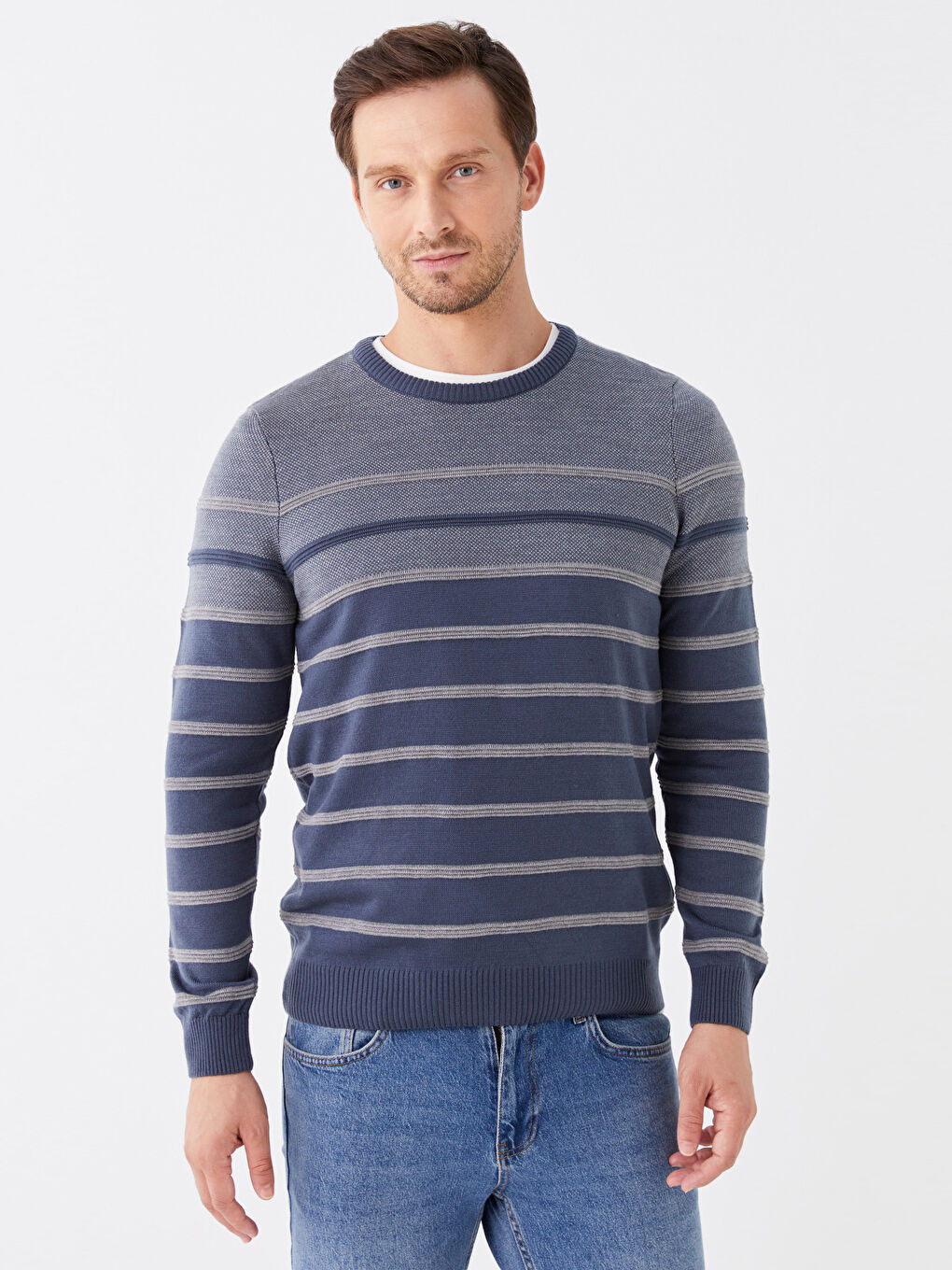 Crew Neck Long Sleeve Striped Men's Knitwear Sweater -W36955Z8-H6Q