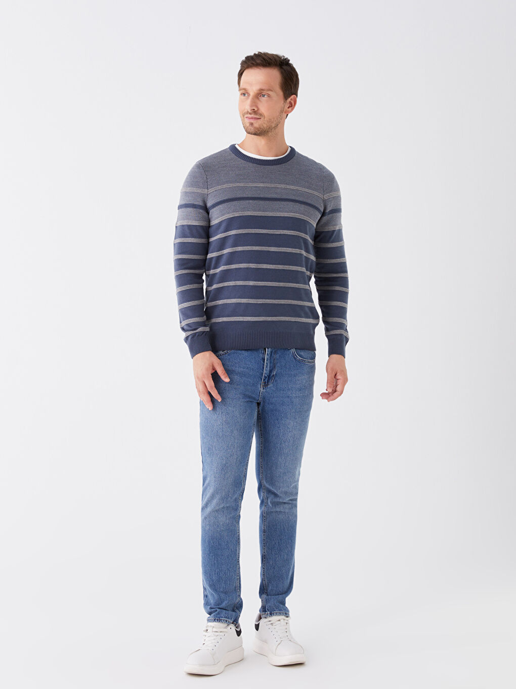 Crew Neck Long Sleeve Striped Men's Knitwear Sweater -W36955Z8-H6Q