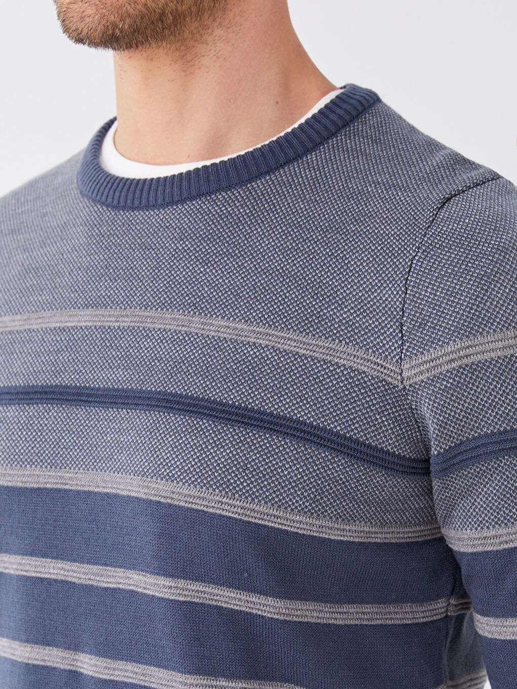 Crew Neck Long Sleeve Striped Men's Knitwear Sweater -W36955Z8-H6Q