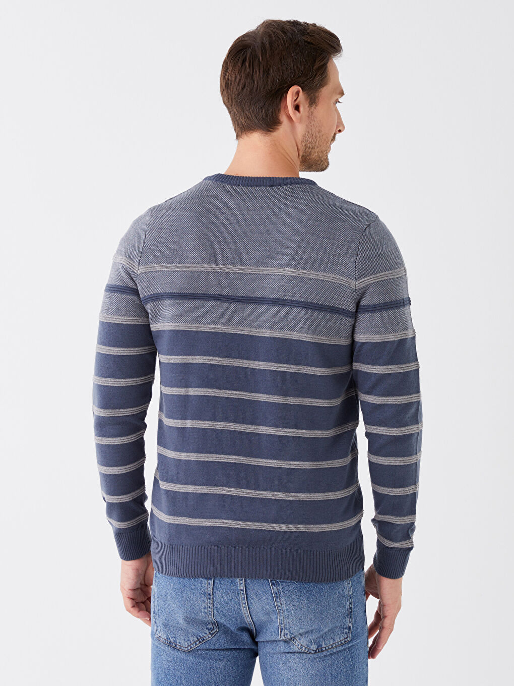 Crew Neck Long Sleeve Striped Men's Knitwear Sweater -W36955Z8-H6Q