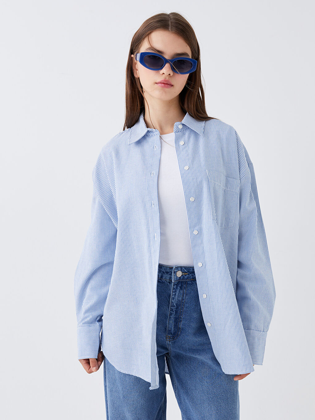 Mavi Çizgili Uzun Kollu Oversize Kadın Gömlek