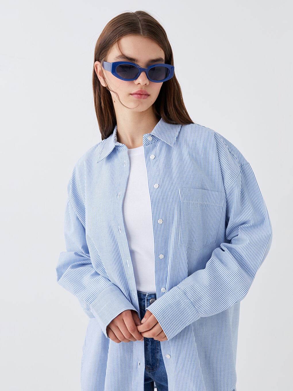 Mavi Çizgili Uzun Kollu Oversize Kadın Gömlek-1