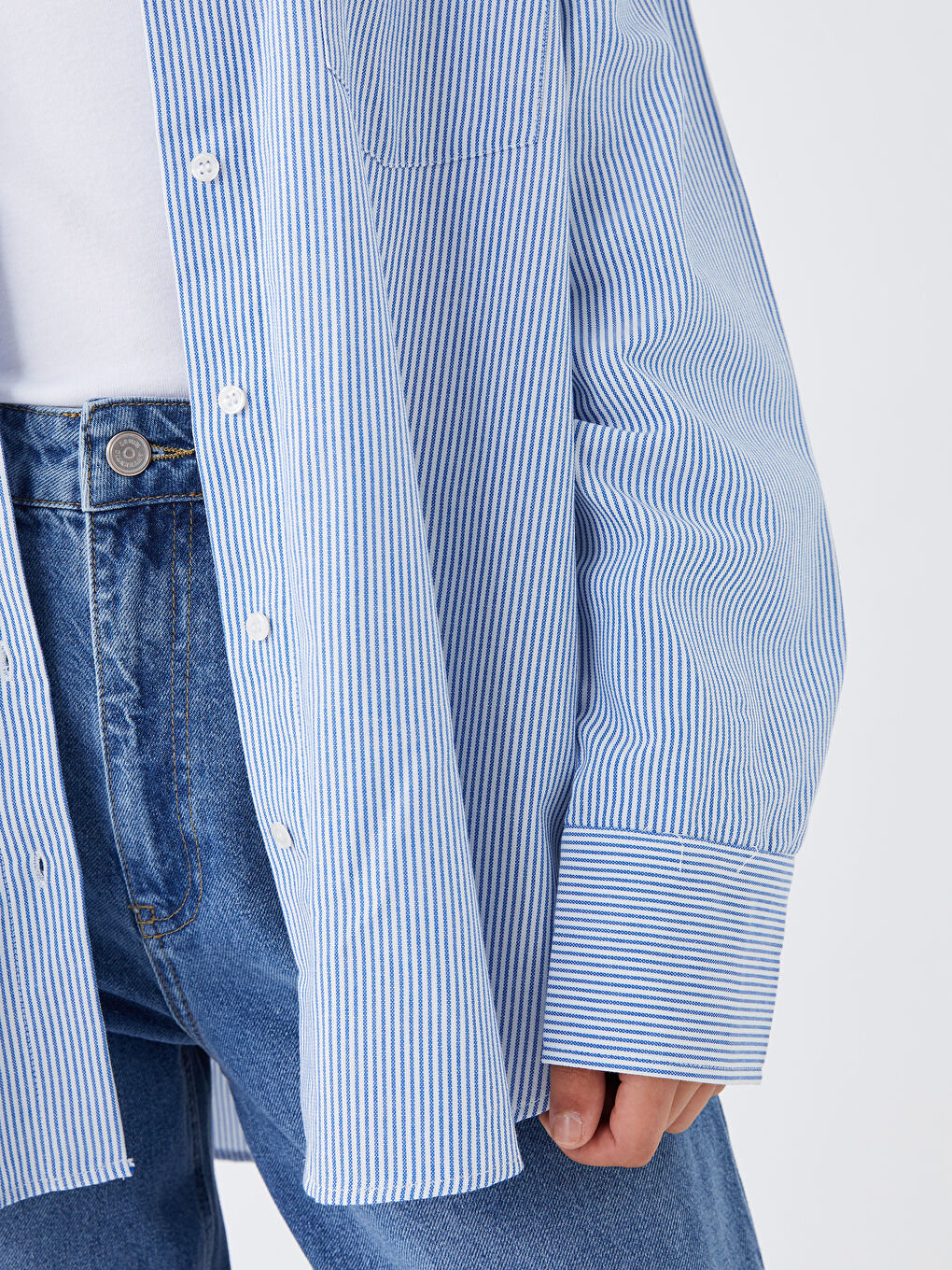 Mavi Çizgili Uzun Kollu Oversize Kadın Gömlek-3