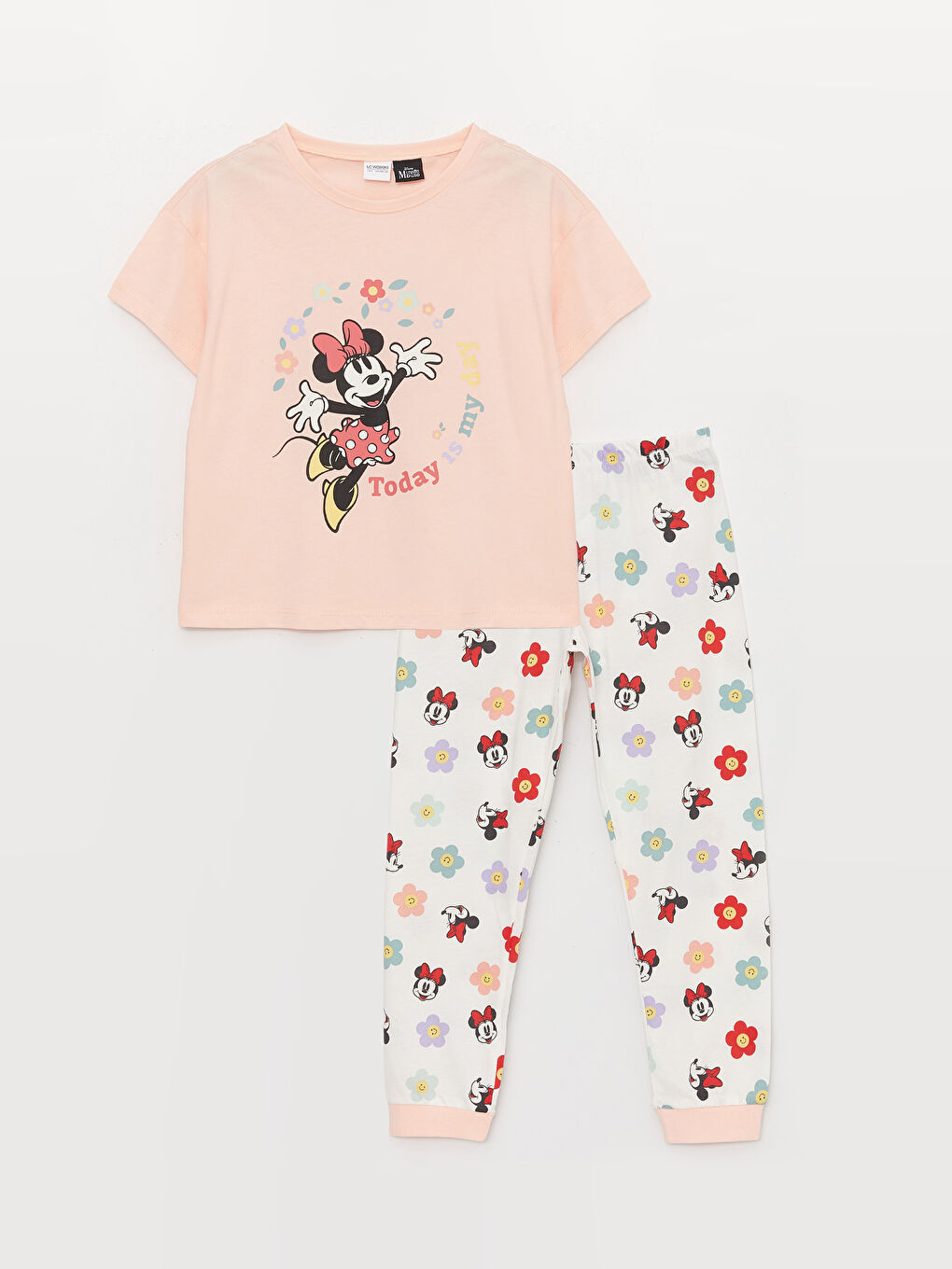 LCW Kids Pembe Bisiklet Yaka Minnie Mouse Baskılı Kısa Kollu Kız Çocuk Pijama Takımı