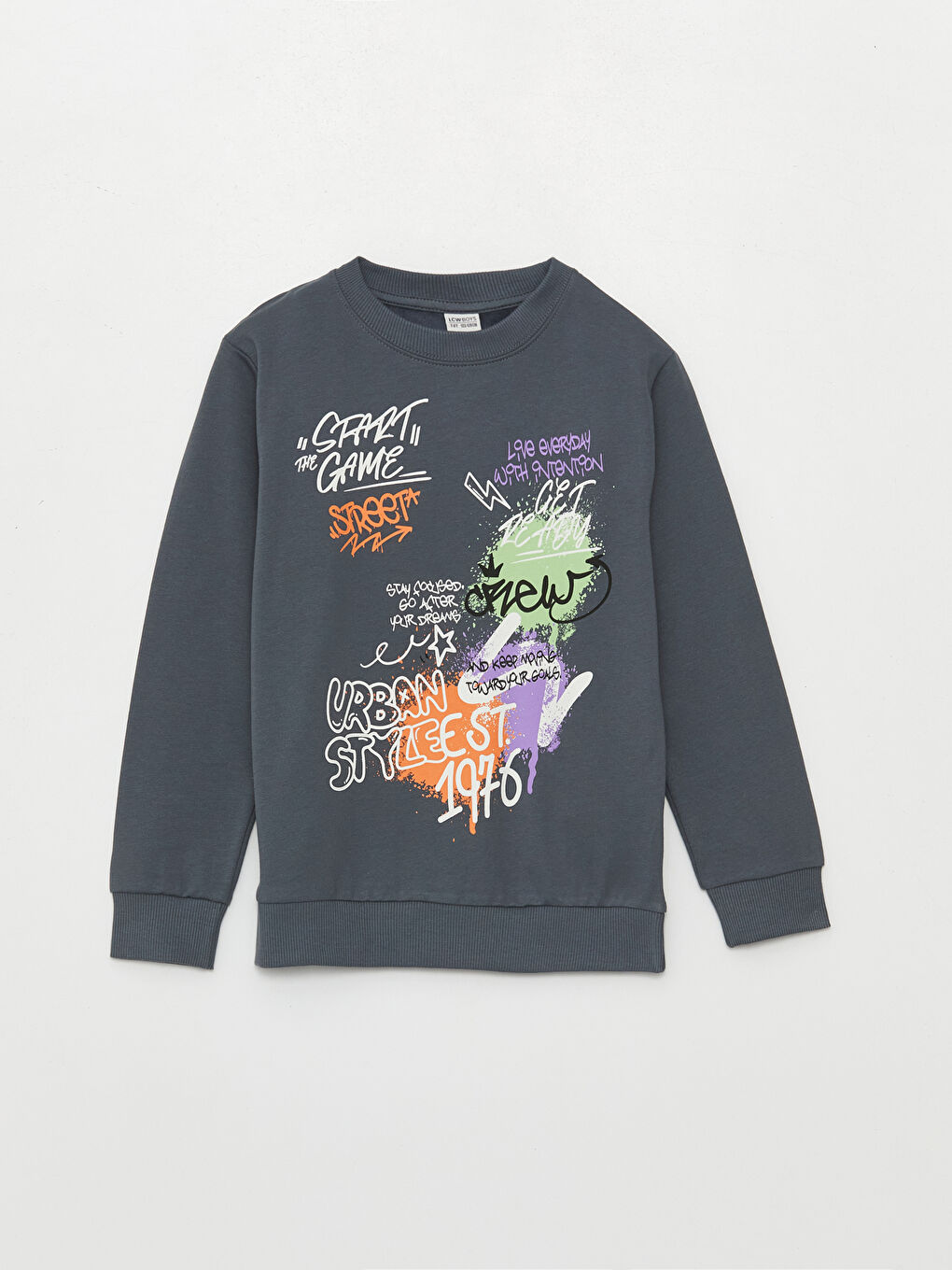 LCW Kids Koyu Gri Bisiklet Yaka Baskılı Uzun Kollu Erkek Çocuk Sweatshirt