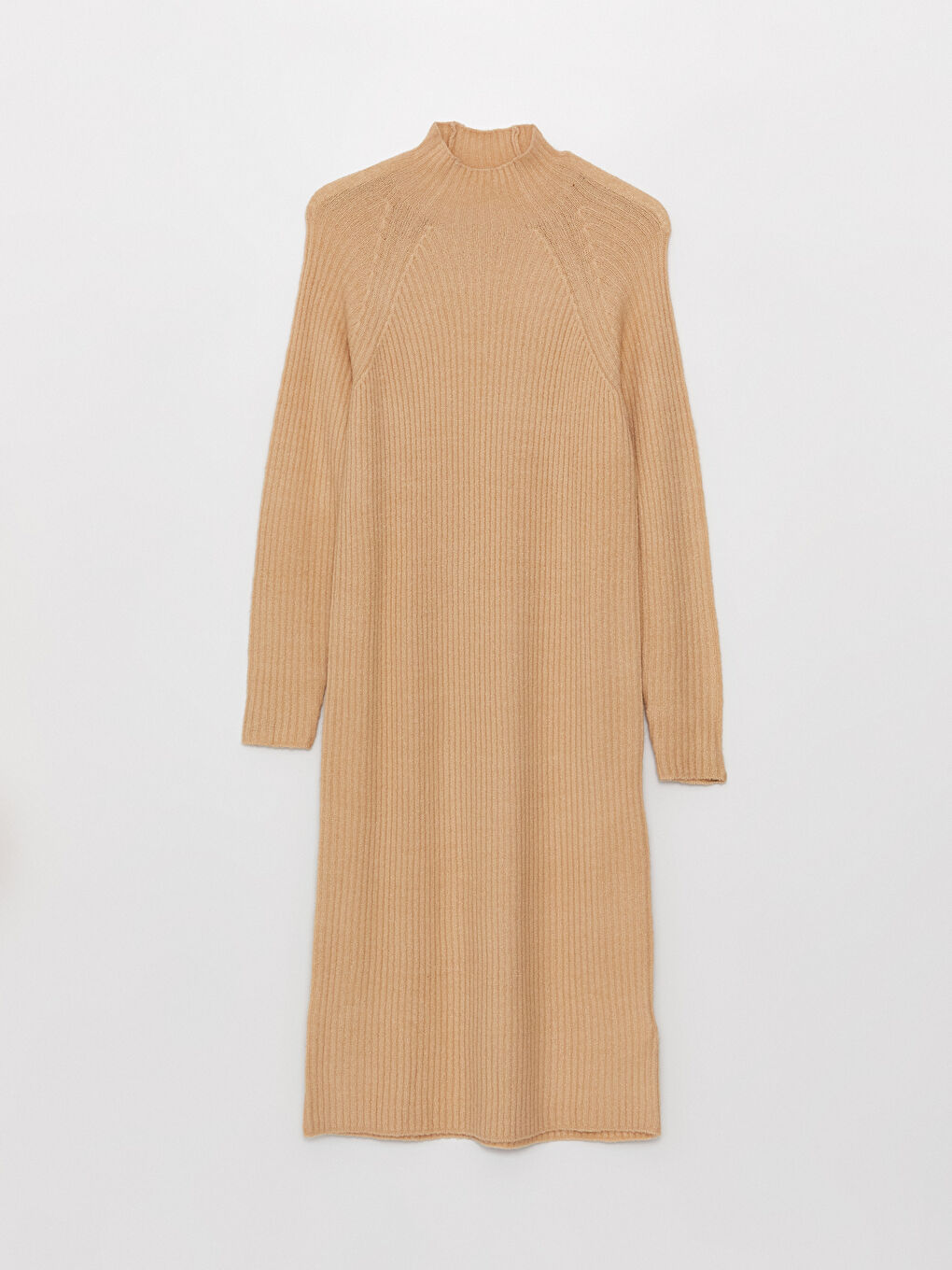 Bej Yarım Balıkçı Yaka Kendinden Desenli Uzun Kollu Kadın Triko Elbise-5