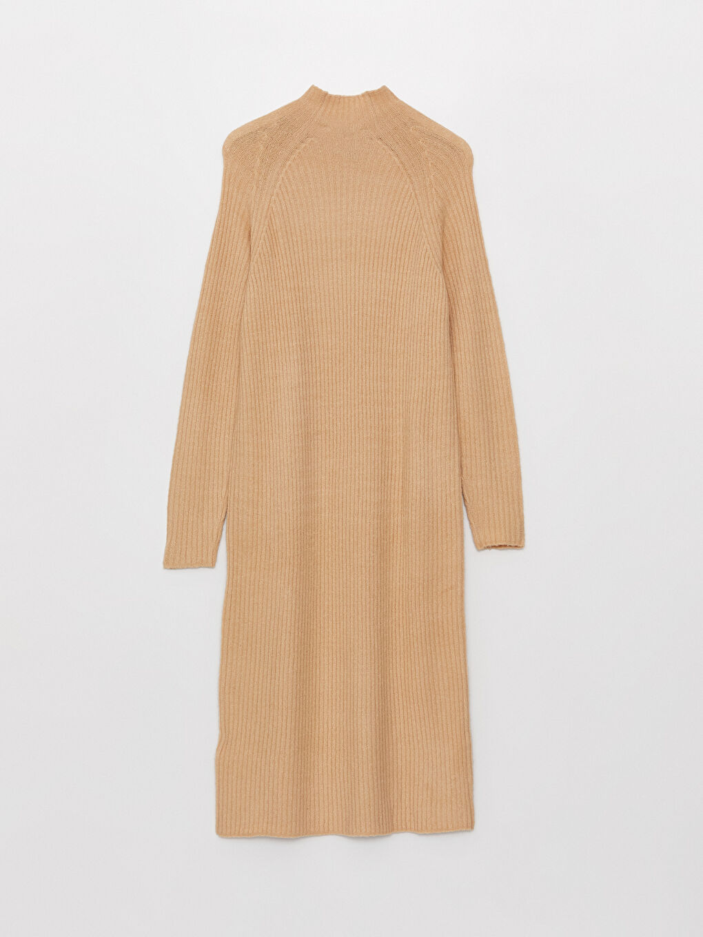 Bej Yarım Balıkçı Yaka Kendinden Desenli Uzun Kollu Kadın Triko Elbise-6