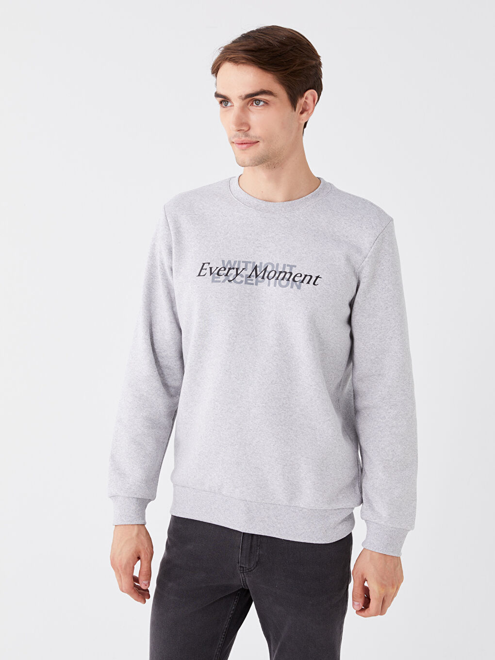 LCW Casual Gri Melanj Bisiklet Yaka Uzun Kollu Baskılı Erkek Sweatshirt