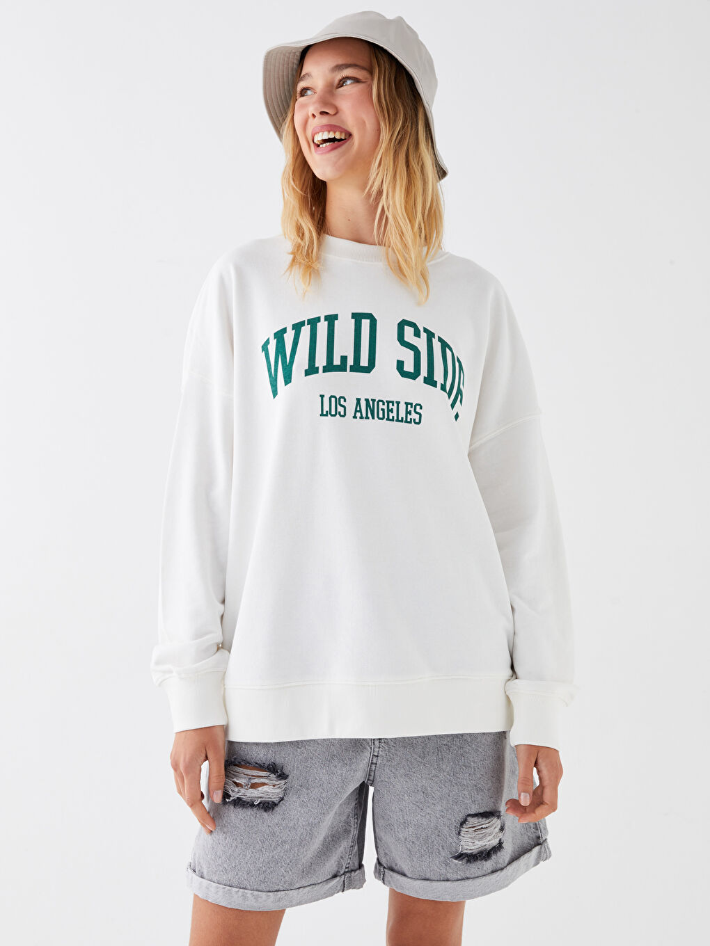 Ekru Bisiklet Yaka Baskılı Uzun Kollu Oversize Kadın Sweatshirt-2