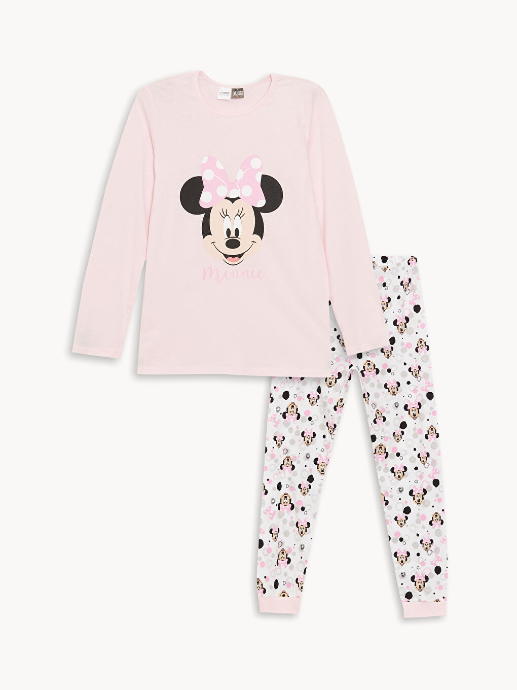 LCW Kids Bebek Pembe Bisiklet Yaka Minnie Mouse Baskılı Uzun Kollu Kız Çocuk Pijama Takımı