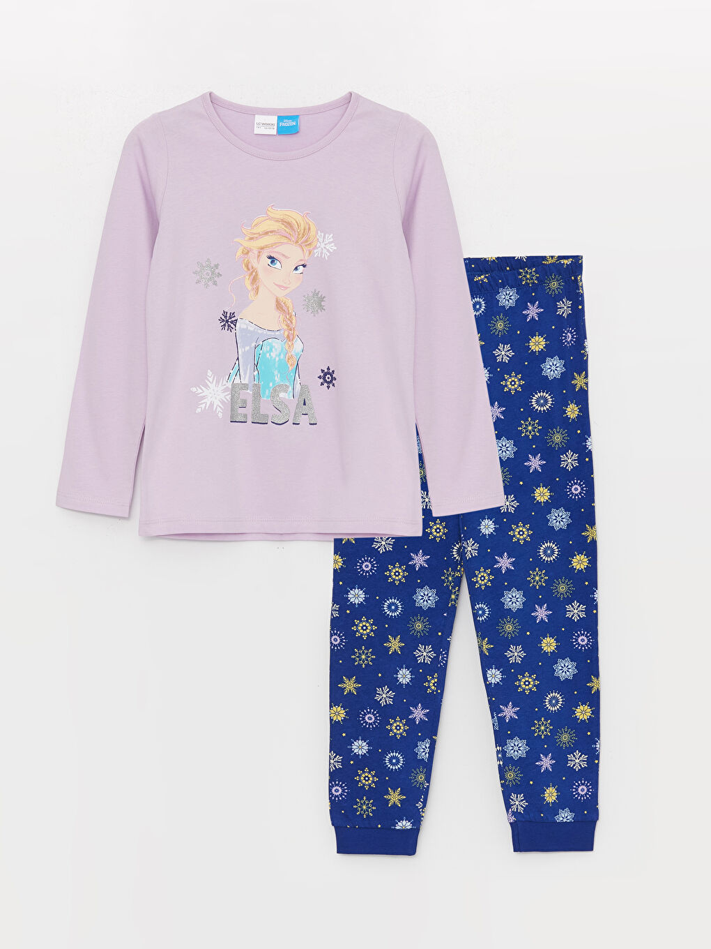 LCW Kids Lila Bisiklet Yaka Elsa Baskılı Uzun Kollu Kız Çocuk Pijama Takımı