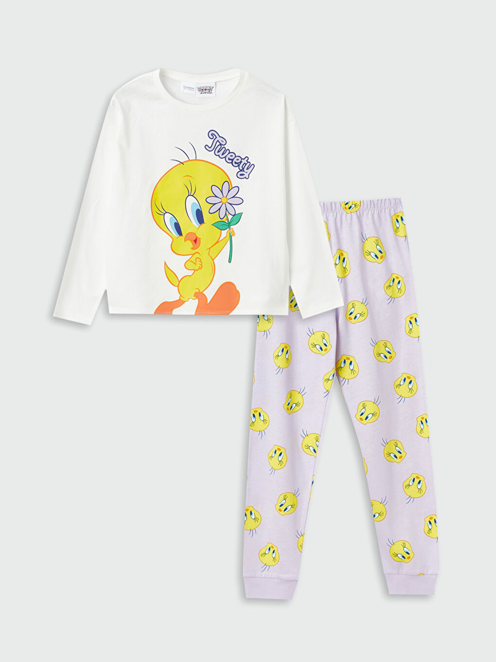 LCW Kids Ekru Bisiklet Yaka Tweety Baskılı Uzun Kollu Kız Çocuk Pijama Takımı