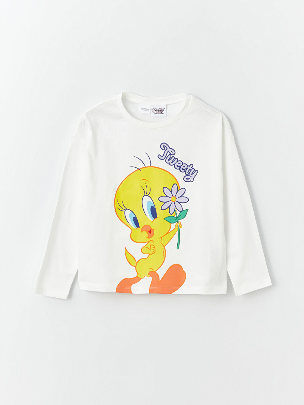 LCW Kids Ekru Bisiklet Yaka Tweety Baskılı Uzun Kollu Kız Çocuk Pijama Takımı - 1