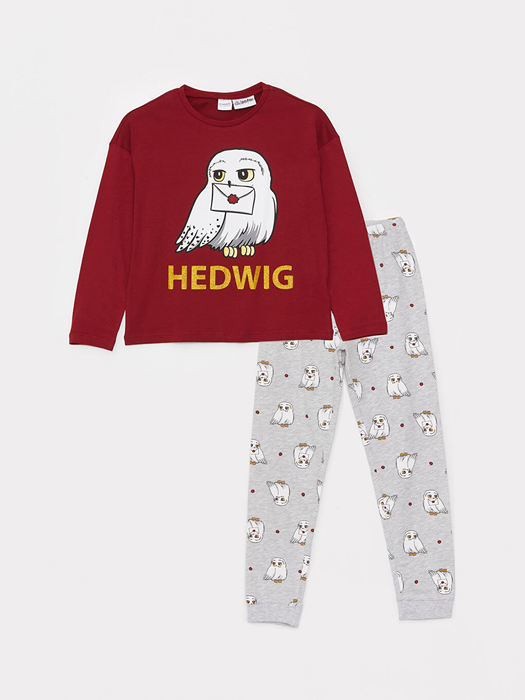Bordo Bisiklet Yaka Harry Potter Baskılı Uzun Kollu Kız Çocuk Pijama Takımı