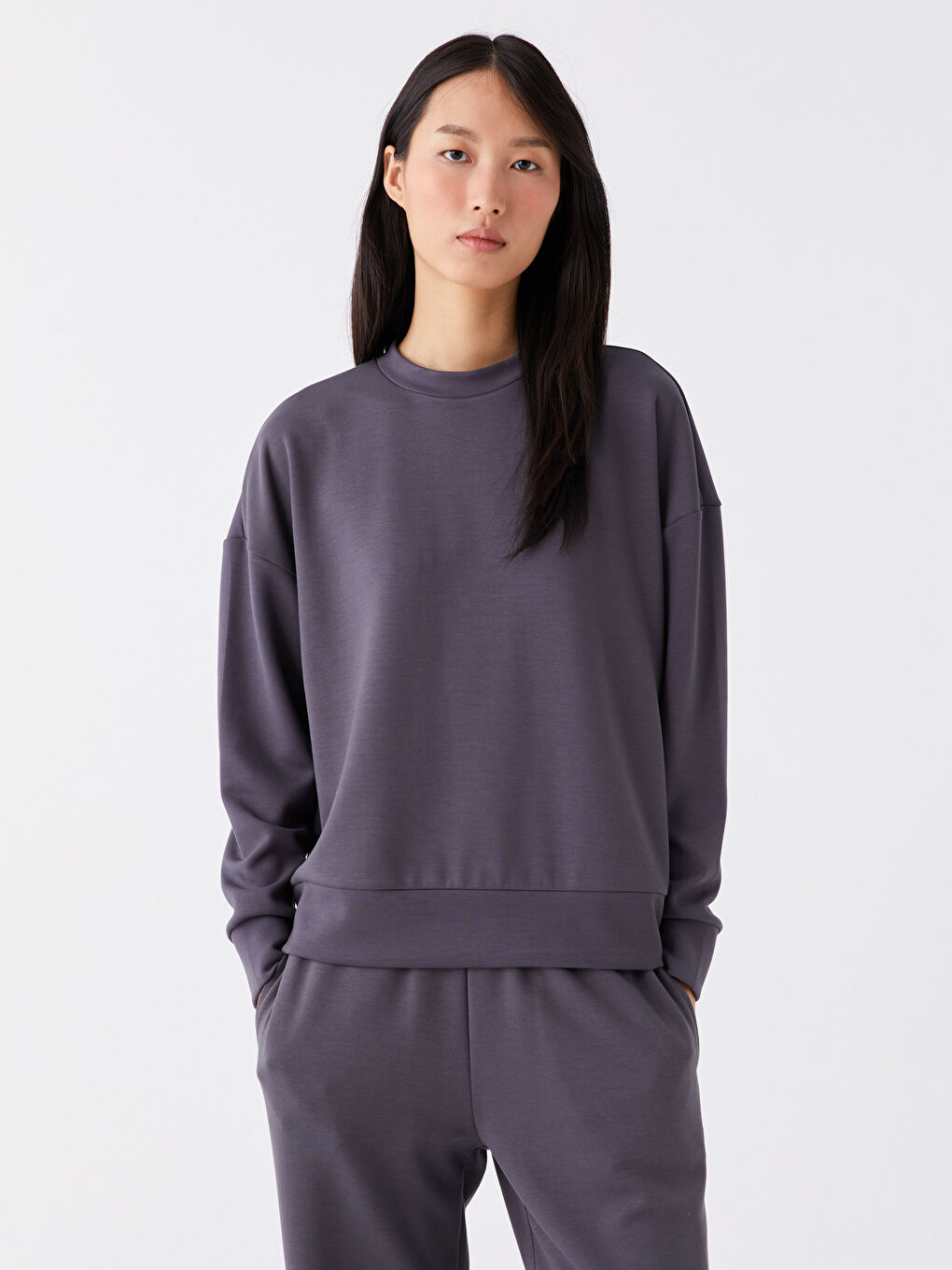 Gri Bisiklet Yaka Düz Uzun Kollu Kadın Sweatshirt