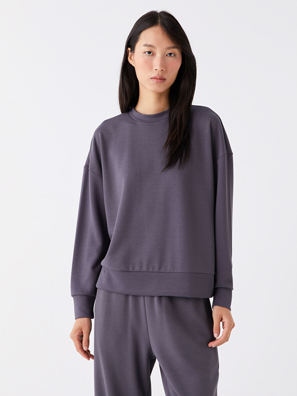 Gri Bisiklet Yaka Düz Uzun Kollu Kadın Sweatshirt-2