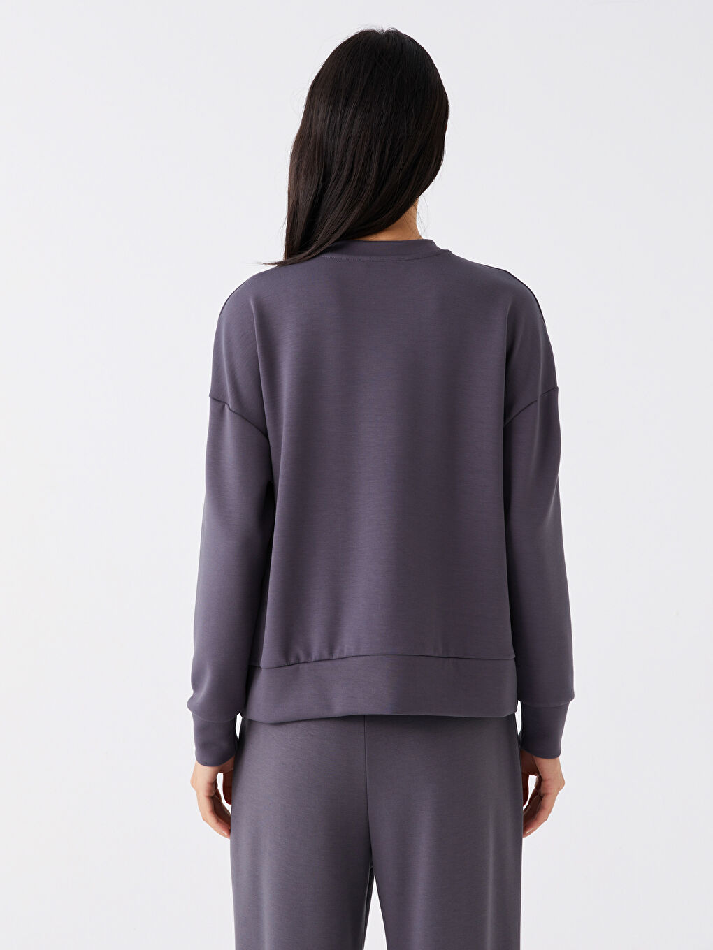 Gri Bisiklet Yaka Düz Uzun Kollu Kadın Sweatshirt-4