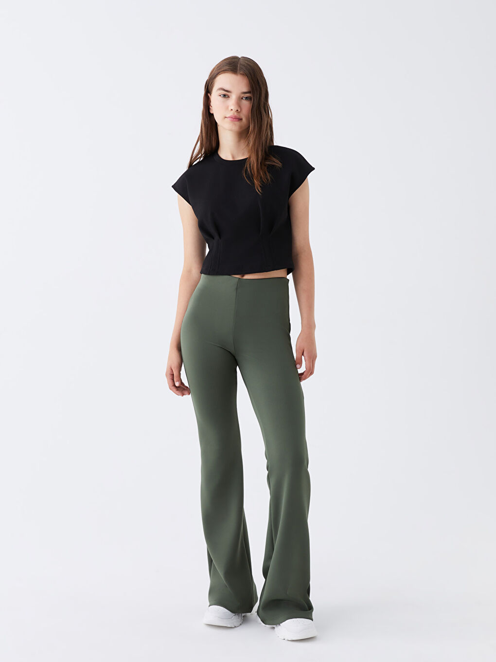 Yeşil Beli Lastikli İspanyol Paça Kadın Tayt Pantolon-1