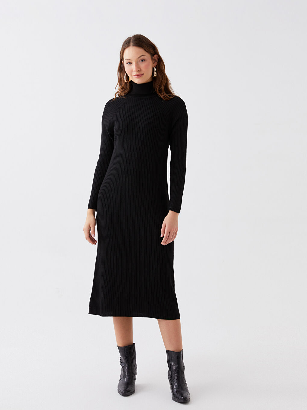 Siyah Balıkçı Yaka Düz Uzun Kollu Kadın Triko Elbise