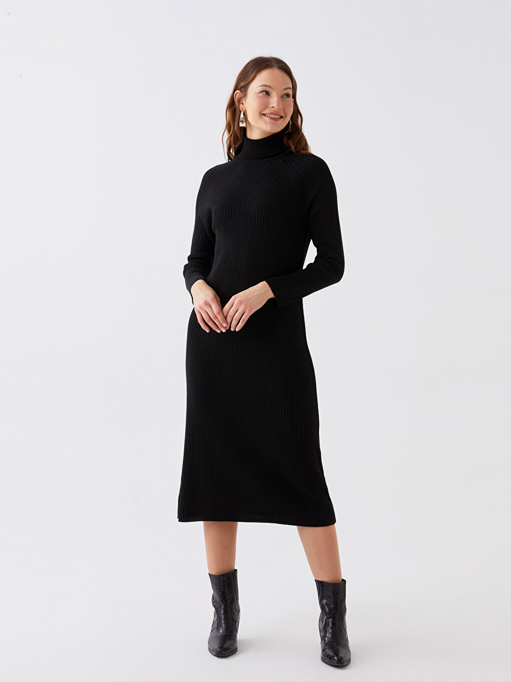 Siyah Balıkçı Yaka Düz Uzun Kollu Kadın Triko Elbise-1