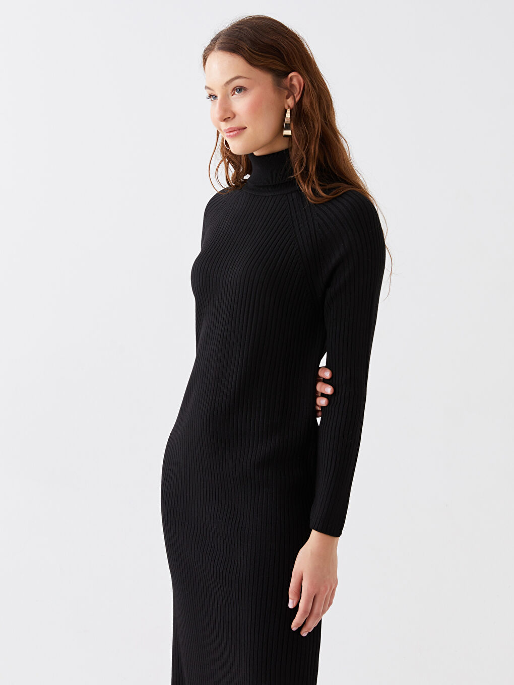 Siyah Balıkçı Yaka Düz Uzun Kollu Kadın Triko Elbise-2