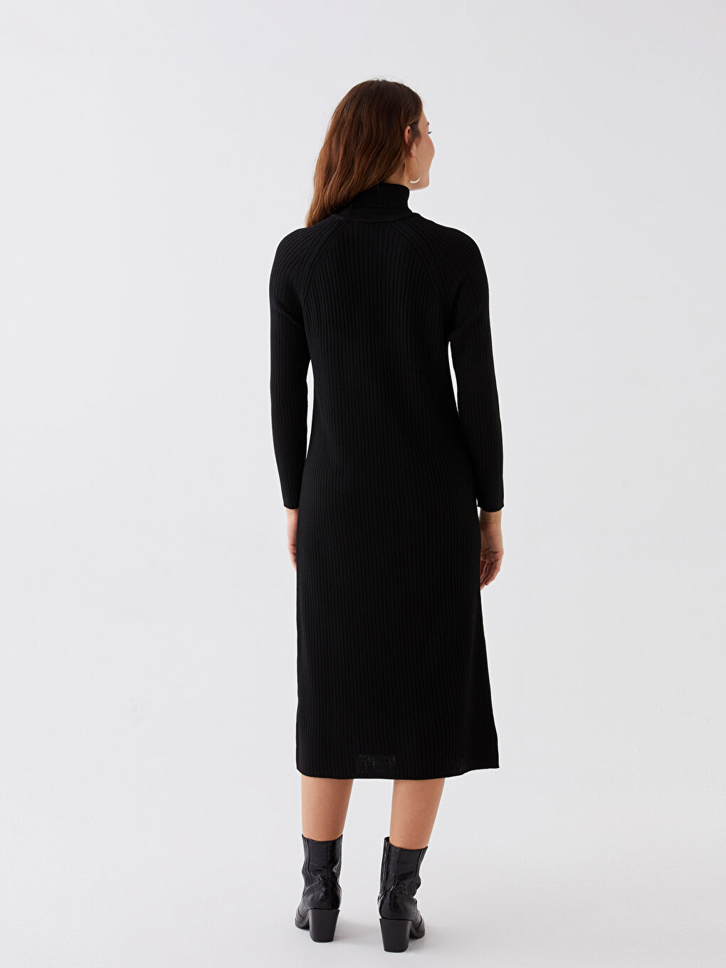 Siyah Balıkçı Yaka Düz Uzun Kollu Kadın Triko Elbise-4