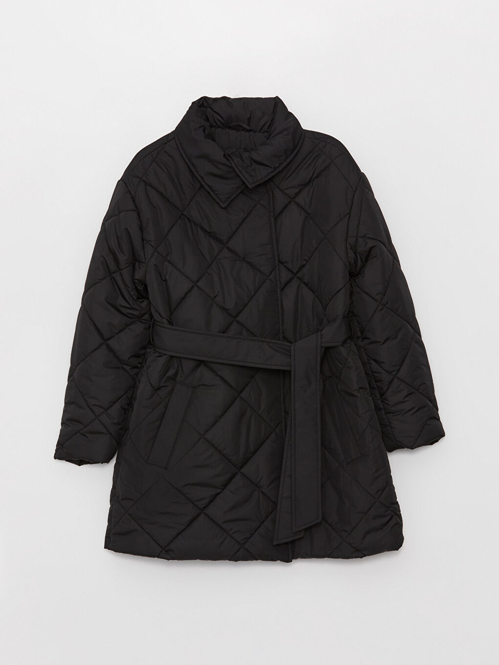 Siyah Dik Yaka Kapitone Uzun Kollu Kadın Şişme Mont-6