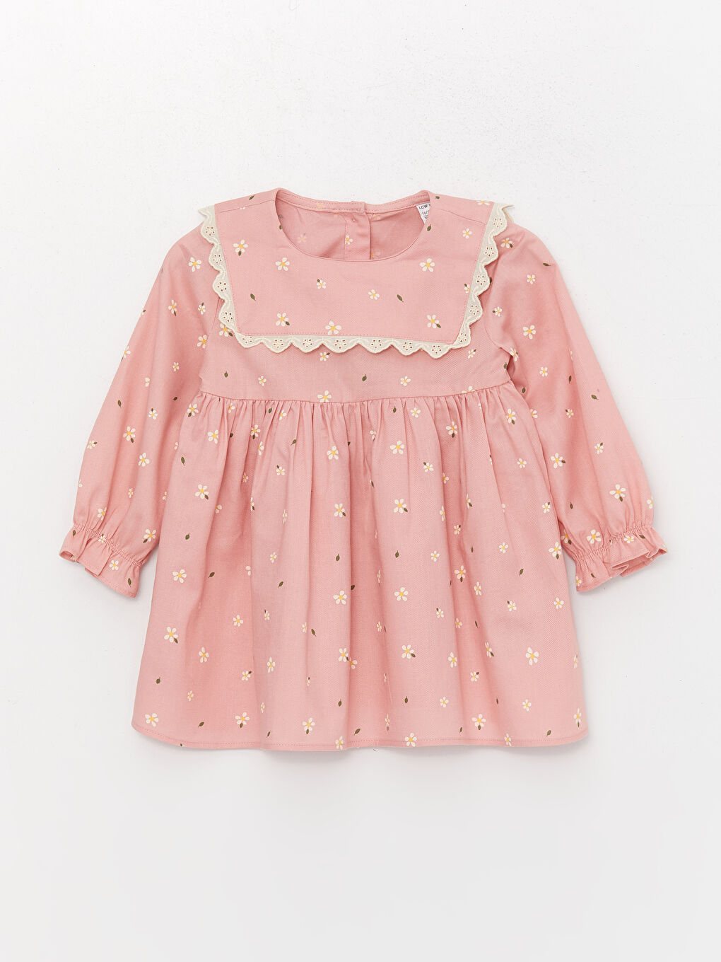 Pembe Bisiklet Yaka Uzun Kollu Desenli Kız Bebek Elbise