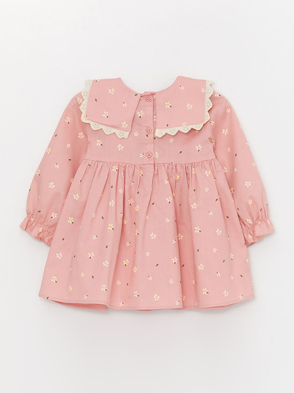 Pembe Bisiklet Yaka Uzun Kollu Desenli Kız Bebek Elbise-1