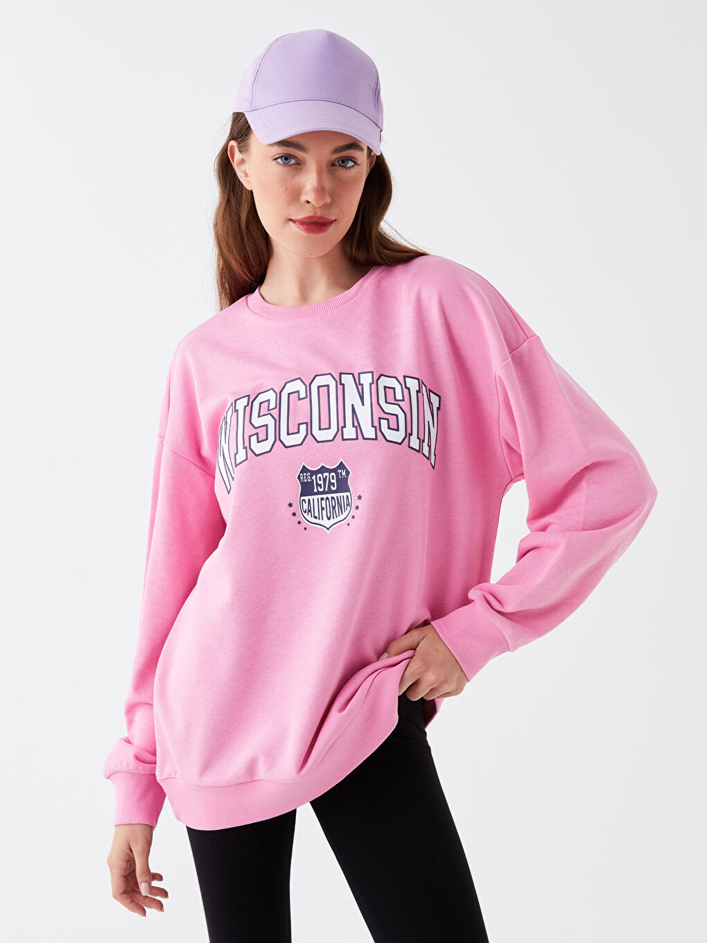 Pembe Bisiklet Yaka Baskılı Kadın Kalın Sweatshirt