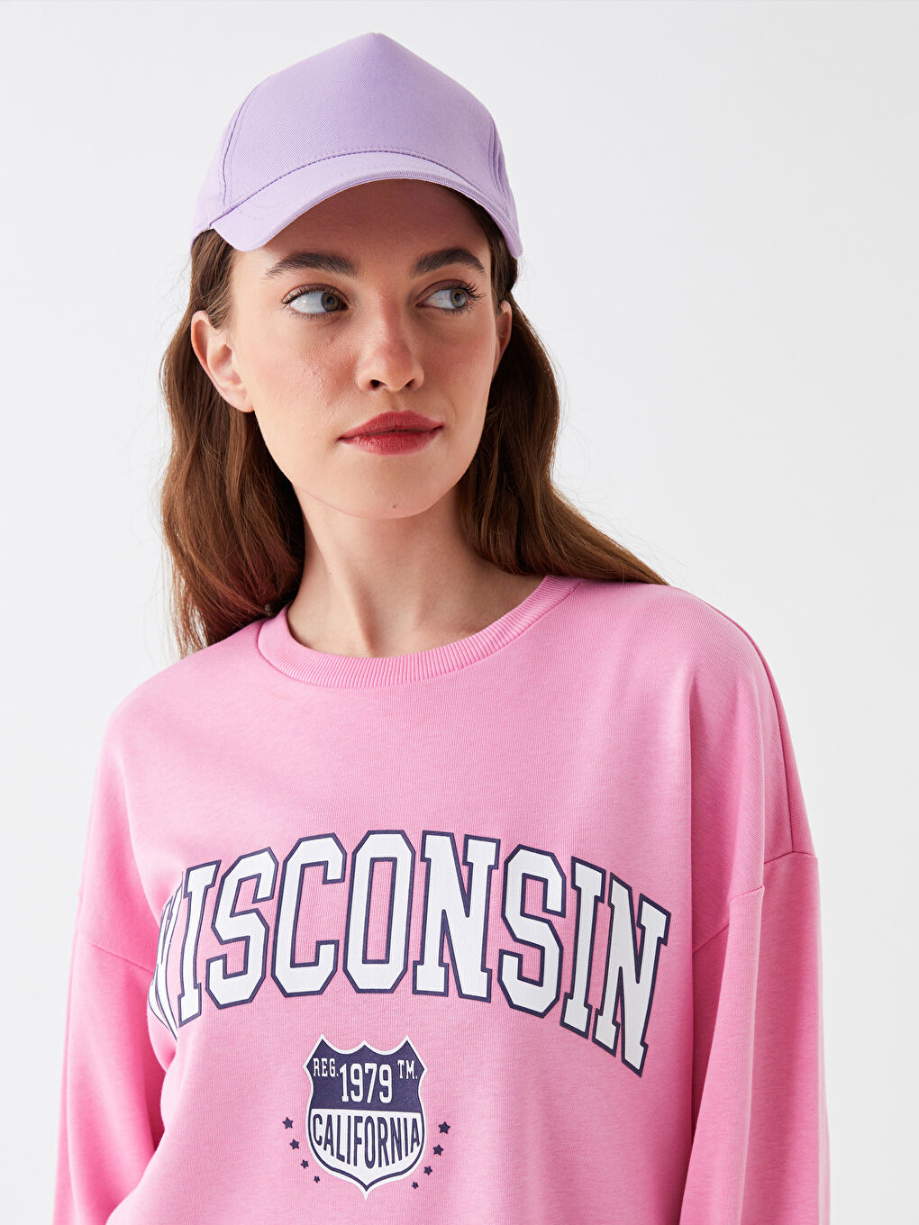 Pembe Bisiklet Yaka Baskılı Kadın Kalın Sweatshirt-1