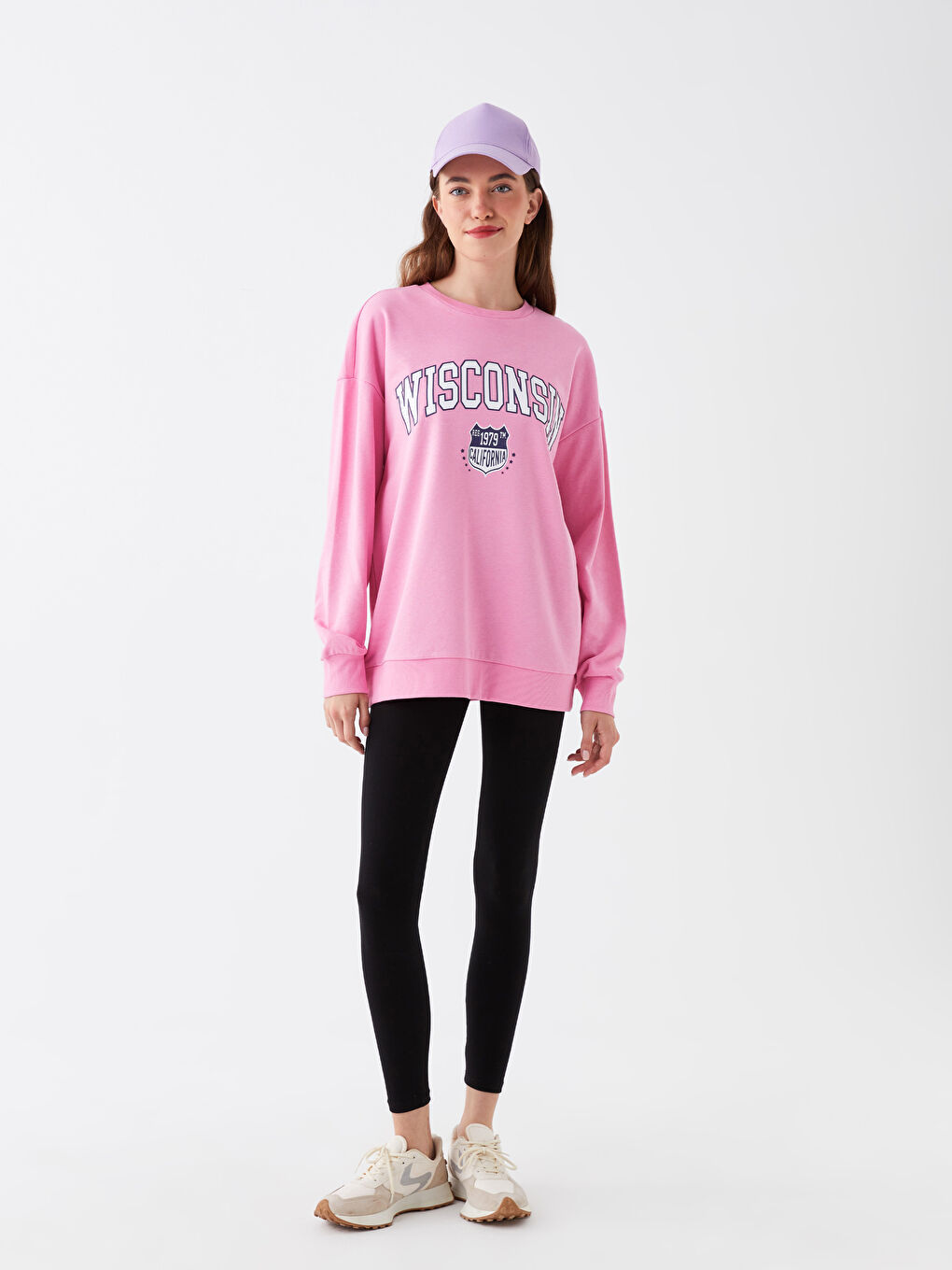 Pembe Bisiklet Yaka Baskılı Kadın Kalın Sweatshirt-2