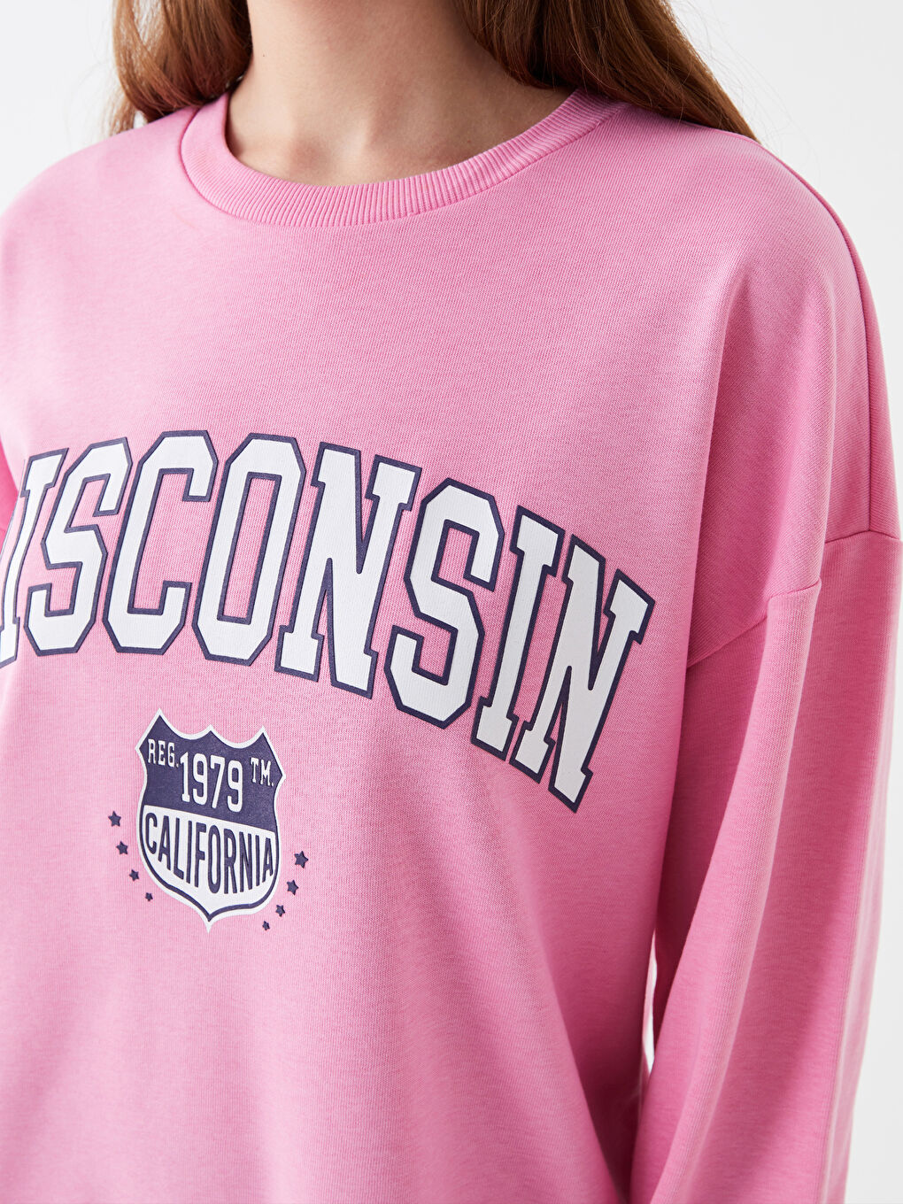 Pembe Bisiklet Yaka Baskılı Kadın Kalın Sweatshirt-3