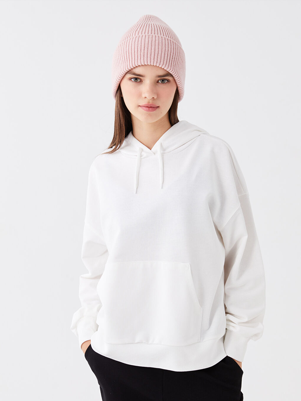 LCW Vision Ekru Düz Oversize Kadın Hoodie