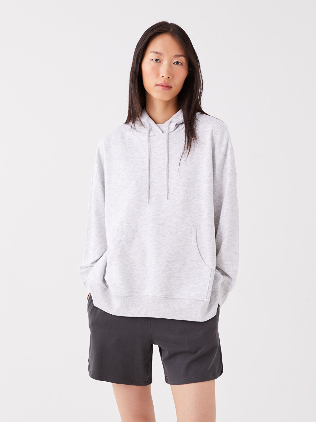 LCW Vision Gri Melanj Düz Oversize Kadın Hoodie - 1