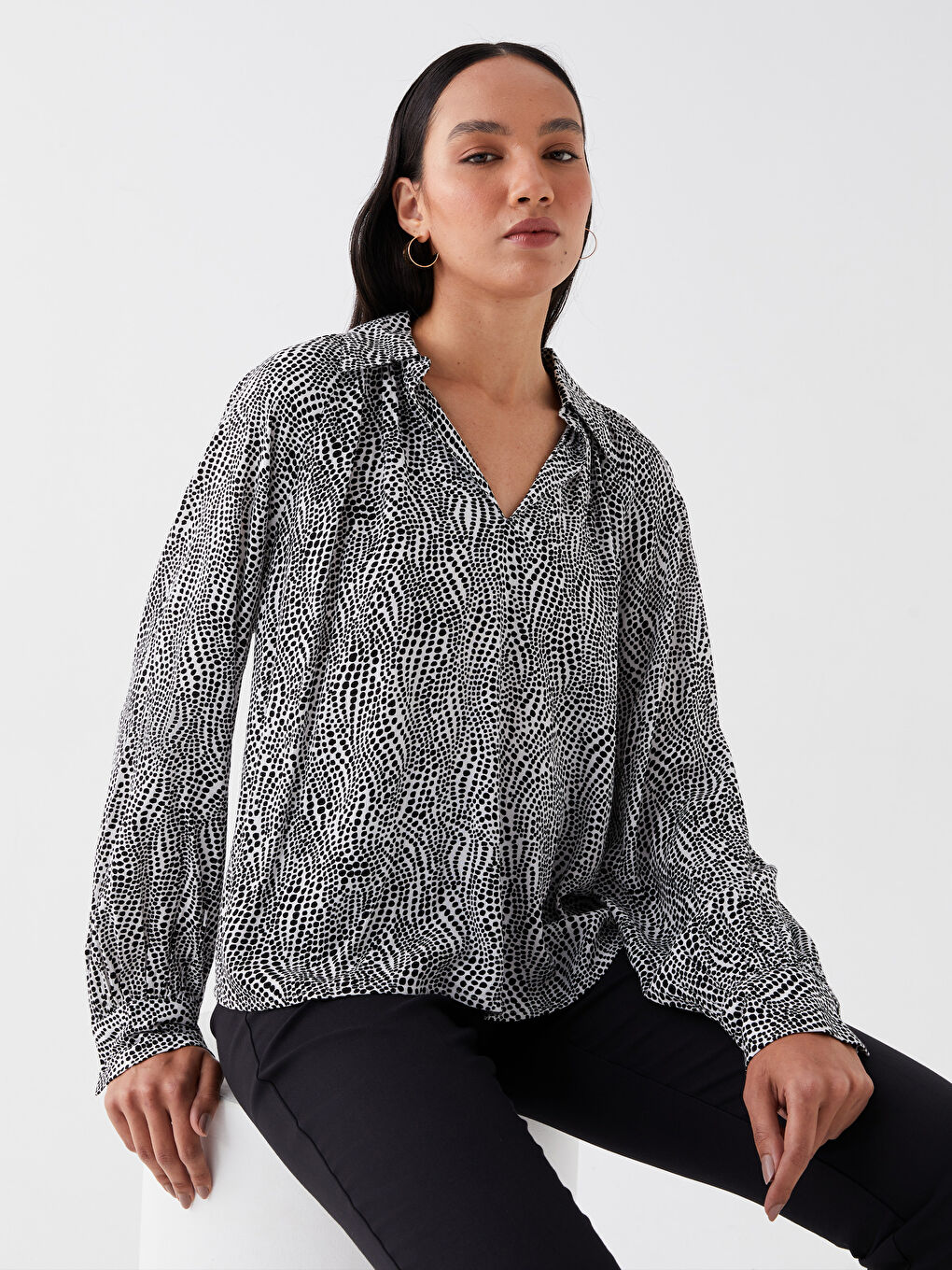 Shirt Neck Patterned Long Sleeve Viscose Women's Blouse